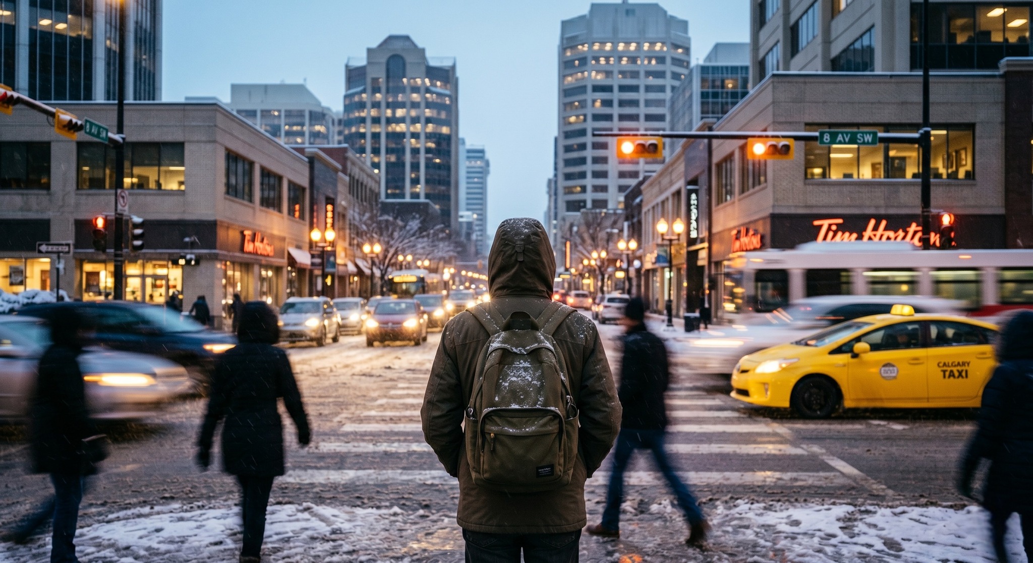 Lonely expat staring at downtown Toronto winter streets