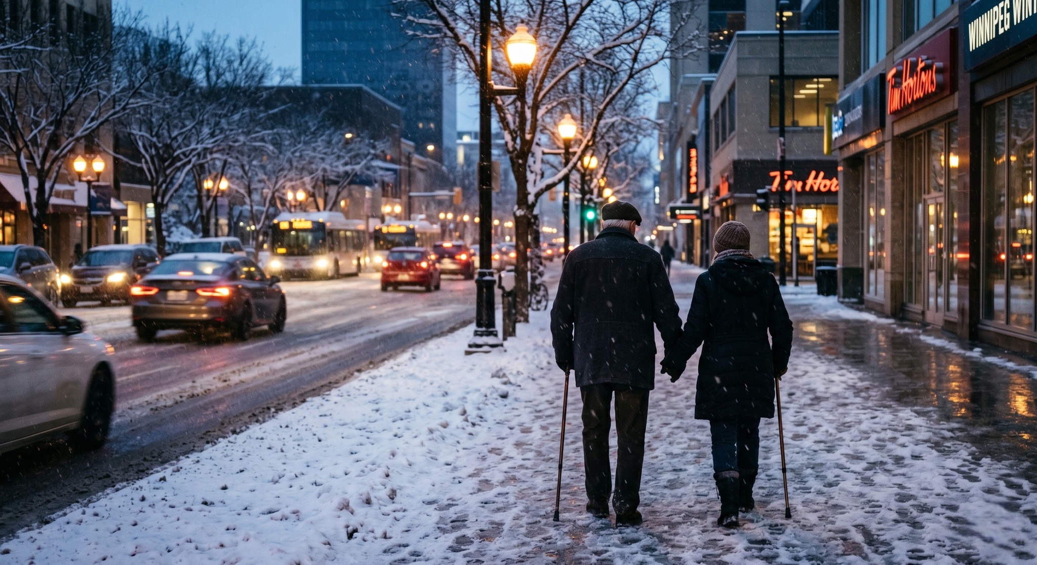 Cold Canadian winter scene with heavy snow falling on empty streets