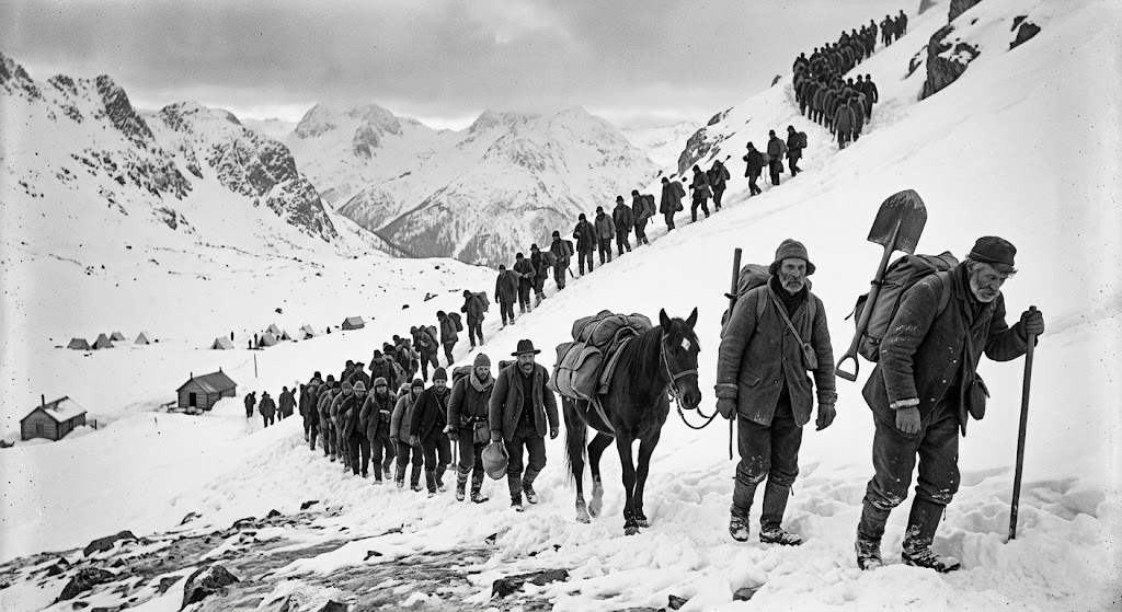 Klondike Gold Rush miners venturing into the frozen wilderness of Yukon
