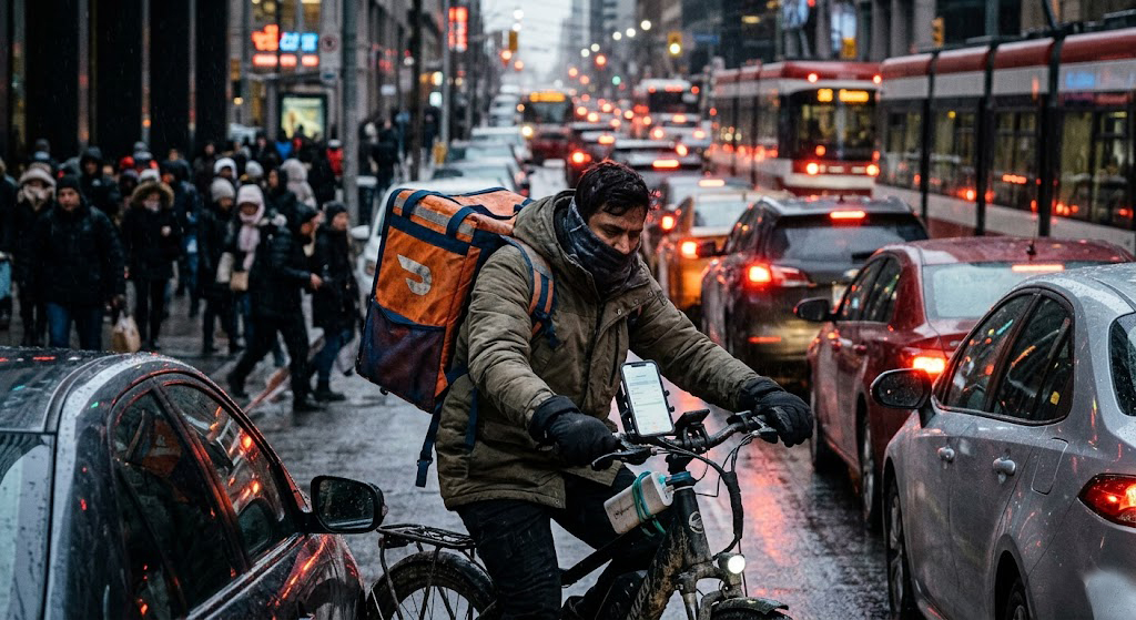 Food delivery courier hustling on a bicycle in the congested gridlock of winter downtown Toronto