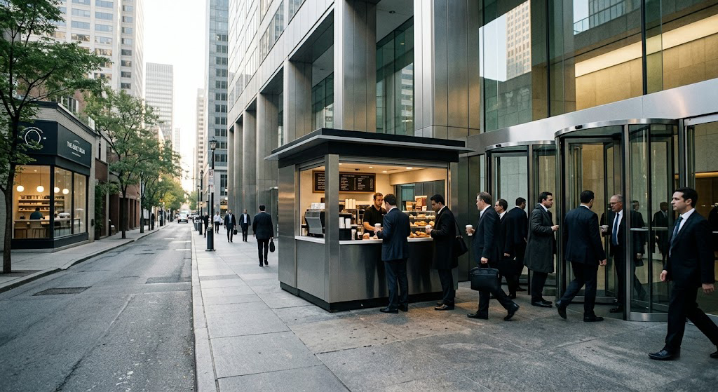 A busy coffee kiosk strategically positioned at the entrance of a financial district office skyscraper